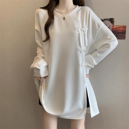 FA52986# 大码胖MM设计感国风盘扣开叉卫衣洋气百搭上衣  服裝批發女裝批發服飾貨源