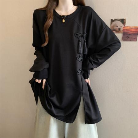 FA52986# 大码胖MM设计感国风盘扣开叉卫衣洋气百搭上衣  服裝批發女裝批發服飾貨源