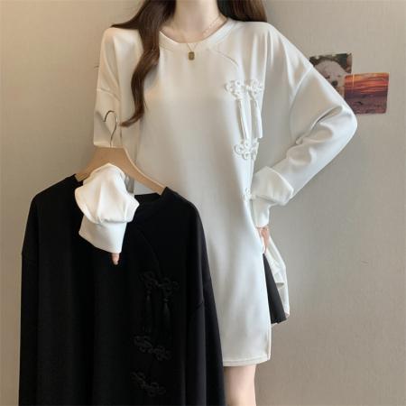 FA52986# 大码胖MM设计感国风盘扣开叉卫衣洋气百搭上衣  服裝批發女裝批發服飾貨源