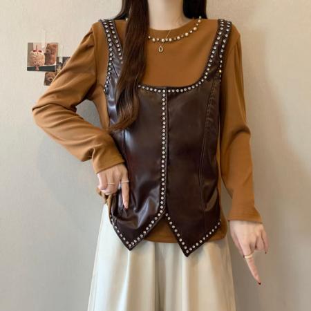 FA52988# 欧洲站拼接假两件圆领长袖t恤女冬季新款洋气上衣ins  服裝批發女裝批發服飾貨源