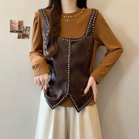 FA52988# 欧洲站拼接假两件圆领长袖t恤女冬季新款洋气上衣ins  服裝批發女裝批發服飾貨源