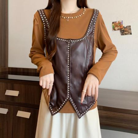 FA52988# 欧洲站拼接假两件圆领长袖t恤女冬季新款洋气上衣ins  服裝批發女裝批發服飾貨源