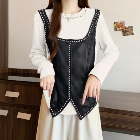 FA52988# 欧洲站拼接假两件圆领长袖t恤女冬季新款洋气上衣ins  服裝批發女裝批發服飾貨源