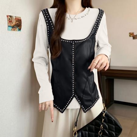 FA52988# 欧洲站拼接假两件圆领长袖t恤女冬季新款洋气上衣ins  服裝批發女裝批發服飾貨源