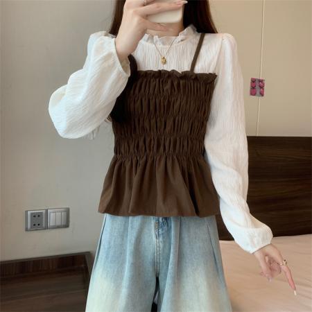 FA52990# 法式方领荷叶边小众衬衫女秋季胖妹妹显瘦假两件上衣  服裝批發女裝批發服飾貨源