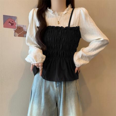 FA52990# 法式方领荷叶边小众衬衫女秋季胖妹妹显瘦假两件上衣  服裝批發女裝批發服飾貨源