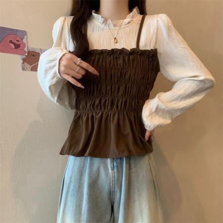 FA52990# 法式方领荷叶边小众衬衫女秋季胖妹妹显瘦假两件上衣  服裝批發女裝批發服飾貨源