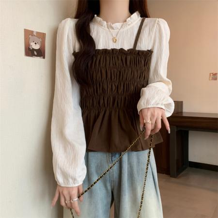 FA52990# 法式方领荷叶边小众衬衫女秋季胖妹妹显瘦假两件上衣  服裝批發女裝批發服飾貨源