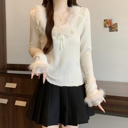 FA52991# 胖MM法式千金蕾丝拼接针织衫女秋冬氛围感独特漂亮毛绒上衣  服裝批發女裝批發服飾貨源