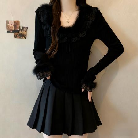 FA52991# 胖MM法式千金蕾丝拼接针织衫女秋冬氛围感独特漂亮毛绒上衣  服裝批發女裝批發服飾貨源