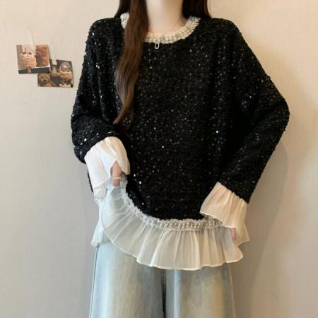 FA52992# ～新款时尚拼接花边小香风长袖T恤洋气重工钉珠圆领打底衫  服裝批發女裝批發服飾貨源