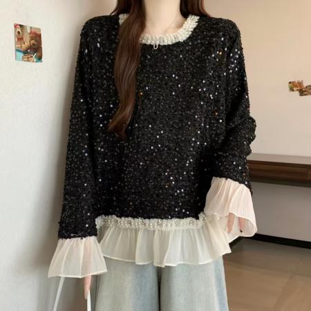 FA52992# ～新款时尚拼接花边小香风长袖T恤洋气重工钉珠圆领打底衫  服裝批發女裝批發服飾貨源