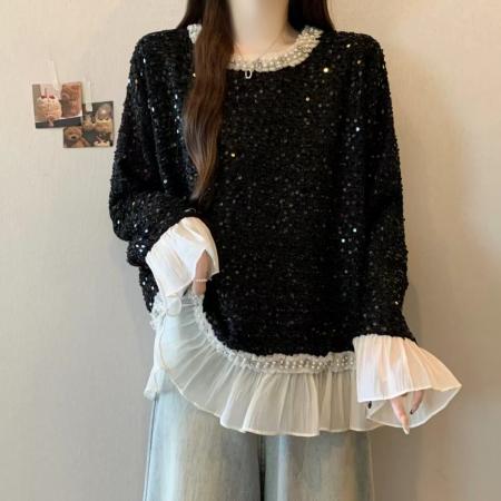 FA52992# ～新款时尚拼接花边小香风长袖T恤洋气重工钉珠圆领打底衫  服裝批發女裝批發服飾貨源