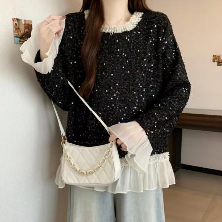 FA52992# ～新款时尚拼接花边小香风长袖T恤洋气重工钉珠圆领打底衫  服裝批發女裝批發服飾貨源