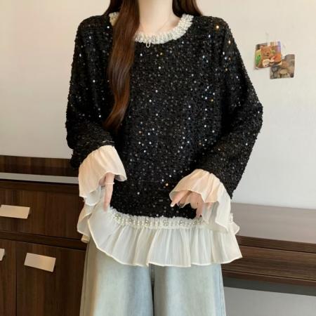 FA52992# ～新款时尚拼接花边小香风长袖T恤洋气重工钉珠圆领打底衫  服裝批發女裝批發服飾貨源