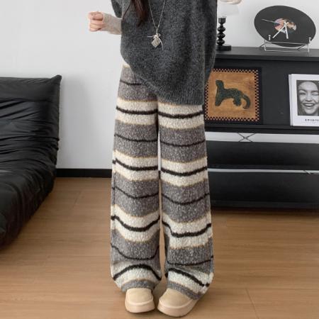 FA52993# 秋冬韩版毛圈条纹保暖秋冬休闲窄版拖地裤长裤女  服裝批發女裝批發服飾貨源