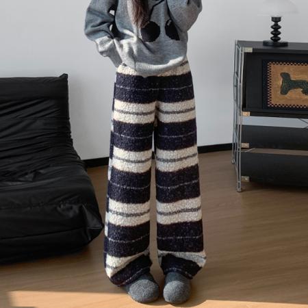 FA52993# 秋冬韩版毛圈条纹保暖秋冬休闲窄版拖地裤长裤女  服裝批發女裝批發服飾貨源