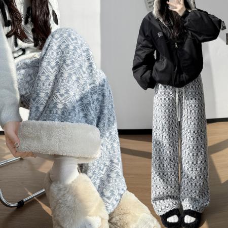 FA52995# 秋冬羊羔毛一条过冬百搭东北棉裤圣诞图案多色窄版休闲长裤女  服裝批發女裝批發服飾貨源