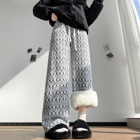 FA52995# 秋冬羊羔毛一条过冬百搭东北棉裤圣诞图案多色窄版休闲长裤女  服裝批發女裝批發服飾貨源