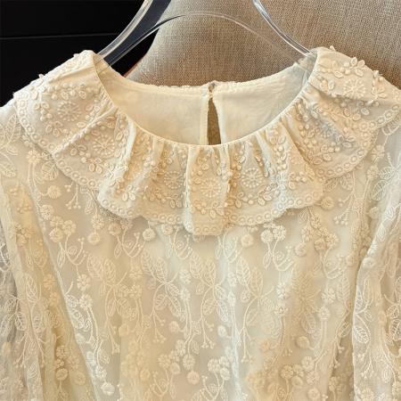 FA52998# 韩系蕾丝翻领刺绣加绒打底衬衫女新款秋日穿搭巨好看的上衣  服裝批發女裝批發服飾貨源