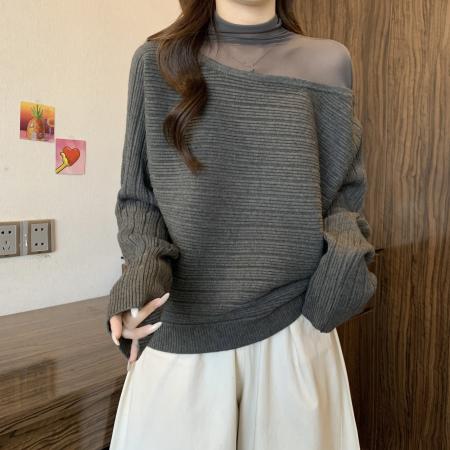 FA52999# 法式斜肩蕾丝边网纱拼接套头打底毛衣女秋冬大码内搭针织衫上衣  服裝批發女裝批發服飾貨源