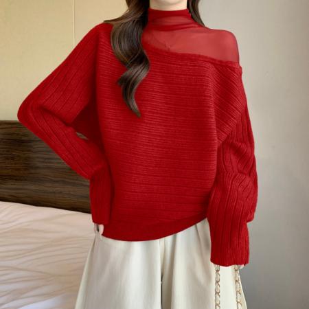 FA52999# 法式斜肩蕾丝边网纱拼接套头打底毛衣女秋冬大码内搭针织衫上衣  服裝批發女裝批發服飾貨源