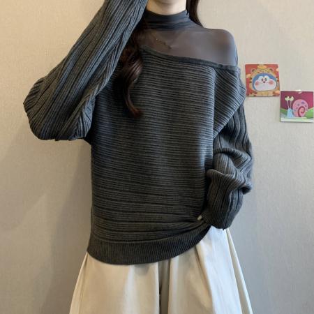 FA52999# 法式斜肩蕾丝边网纱拼接套头打底毛衣女秋冬大码内搭针织衫上衣  服裝批發女裝批發服飾貨源