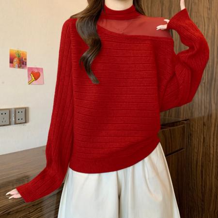 FA52999# 法式斜肩蕾丝边网纱拼接套头打底毛衣女秋冬大码内搭针织衫上衣  服裝批發女裝批發服飾貨源