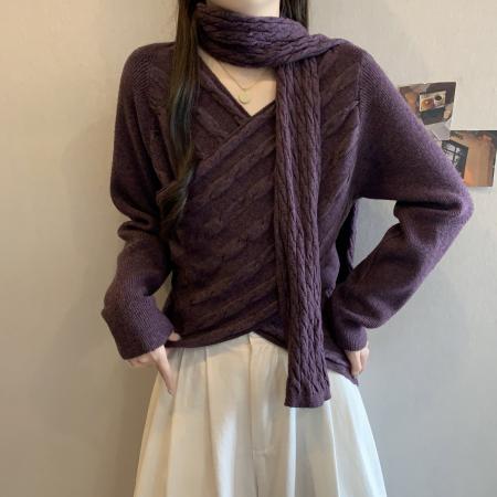 FA53000# 圣诞新年红色毛衣飘带V领交叉绞花针织新款大码设计感小衫配围巾  服裝批發女裝批發服飾貨源