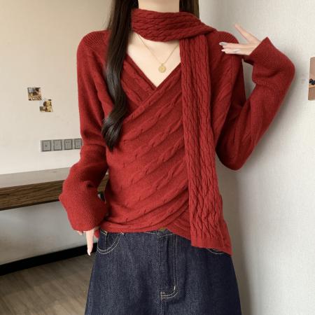 FA53000# 圣诞新年红色毛衣飘带V领交叉绞花针织新款大码设计感小衫配围巾  服裝批發女裝批發服飾貨源