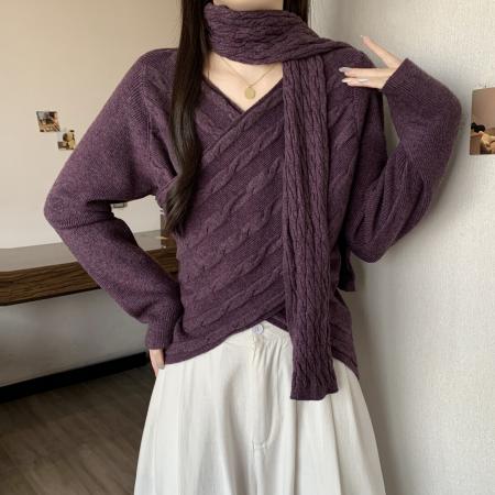 FA53000# 圣诞新年红色毛衣飘带V领交叉绞花针织新款大码设计感小衫配围巾  服裝批發女裝批發服飾貨源