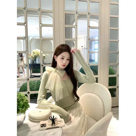 FA53002# 尧甜心软酪法式针织衫女冬网纱拼接气质飘带长袖打底衫  服裝批發女裝批發服飾貨源