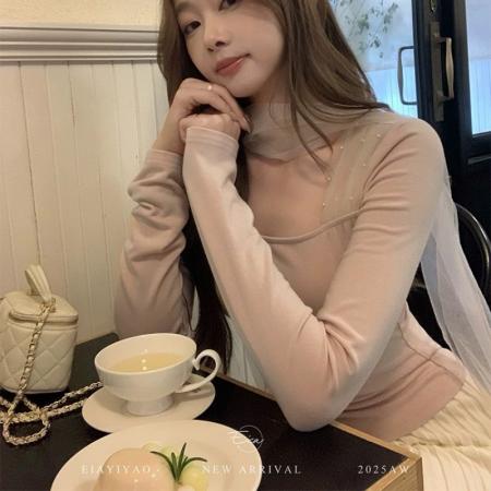 FA53002# 尧甜心软酪法式针织衫女冬网纱拼接气质飘带长袖打底衫  服裝批發女裝批發服飾貨源