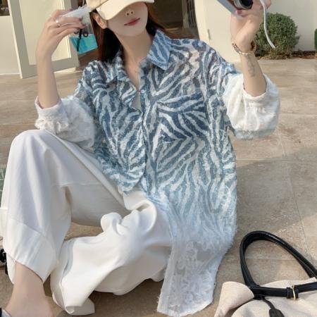 FA53003# 韩版春拼接条纹镂空蕾丝oversize宽松衬衫提花百搭休闲衬衣外套女  服裝批發女裝批發服飾貨源