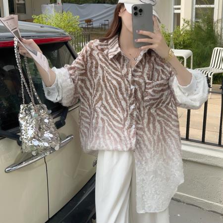 FA53003# 韩版春拼接条纹镂空蕾丝oversize宽松衬衫提花百搭休闲衬衣外套女  服裝批發女裝批發服飾貨源