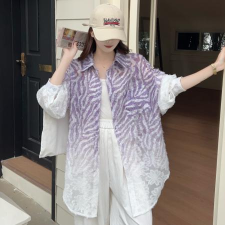 FA53003# 韩版春拼接条纹镂空蕾丝oversize宽松衬衫提花百搭休闲衬衣外套女  服裝批發女裝批發服飾貨源