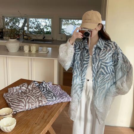 FA53003# 韩版春拼接条纹镂空蕾丝oversize宽松衬衫提花百搭休闲衬衣外套女  服裝批發女裝批發服飾貨源