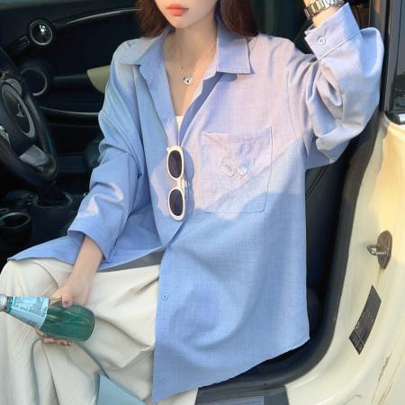 FA53004# 韩版春oversize去拍刺绣宽松衬衫原宿风简约纯色设计感衬衣外套女  服裝批發女裝批發服飾貨源