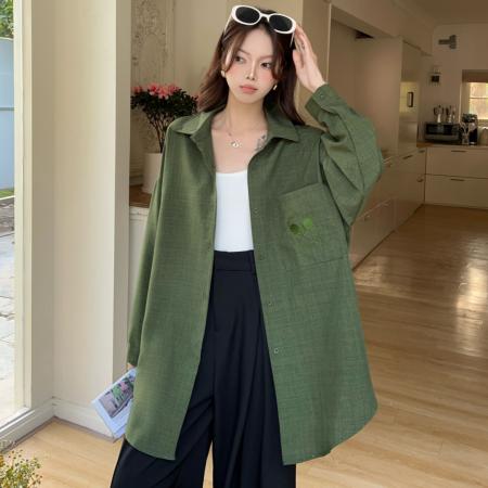 FA53004# 韩版春oversize去拍刺绣宽松衬衫原宿风简约纯色设计感衬衣外套女  服裝批發女裝批發服飾貨源