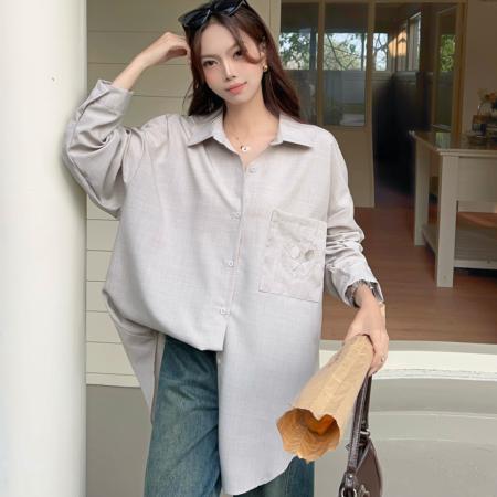 FA53004# 韩版春oversize去拍刺绣宽松衬衫原宿风简约纯色设计感衬衣外套女  服裝批發女裝批發服飾貨源