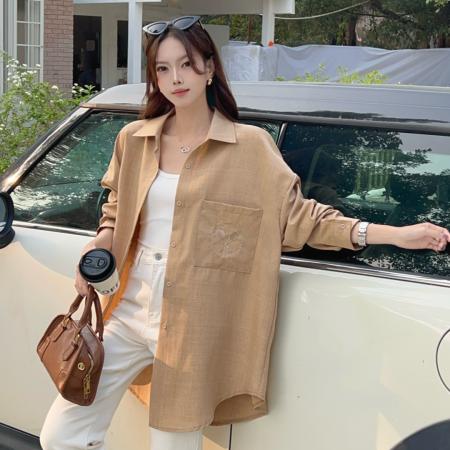 FA53004# 韩版春oversize去拍刺绣宽松衬衫原宿风简约纯色设计感衬衣外套女  服裝批發女裝批發服飾貨源