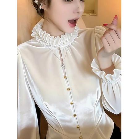 FA53005# 法式轻奢优雅风荷叶边丝绒衬衫女秋冬新款气质优雅百搭显瘦上衣潮  服裝批發女裝批發服飾貨源