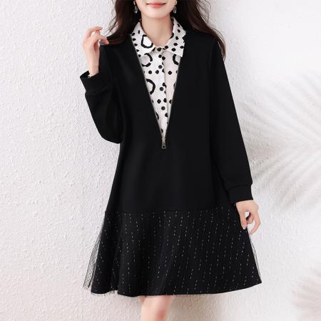 FA53012# 宽松时尚假两件连衣裙女春新款气质显瘦大码中长裙  服裝批發女裝批發服飾貨源