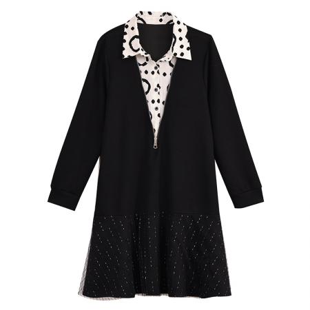 FA53012# 宽松时尚假两件连衣裙女春新款气质显瘦大码中长裙  服裝批發女裝批發服飾貨源