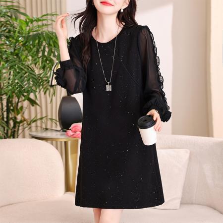 FA53014# 大码连衣裙女春新款宽松显瘦胖mm花朵袖亮闪闪中长裙  服裝批發女裝批發服飾貨源