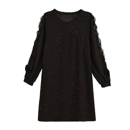 FA53014# 大码连衣裙女春新款宽松显瘦胖mm花朵袖亮闪闪中长裙  服裝批發女裝批發服飾貨源