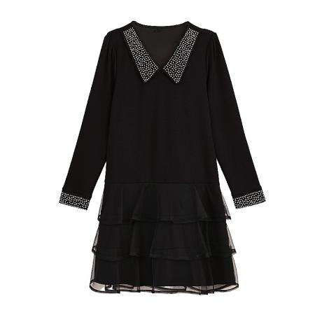 FA53015# 加肥加大亮钻翻领连衣裙春新款网纱拼接胖mm小黑裙  服裝批發女裝批發服飾貨源