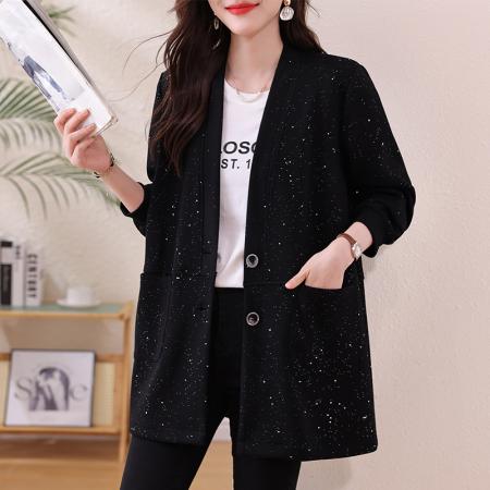 FA53017# 大码女装春新款黑色开衫胖mm宽松休闲亮闪闪百搭外套  服裝批發女裝批發服飾貨源