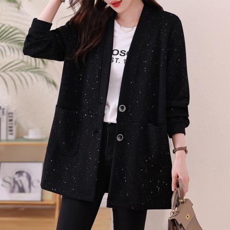 FA53017# 大码女装春新款黑色开衫胖mm宽松休闲亮闪闪百搭外套  服裝批發女裝批發服飾貨源