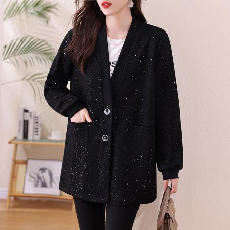 FA53017# 大码女装春新款黑色开衫胖mm宽松休闲亮闪闪百搭外套  服裝批發女裝批發服飾貨源